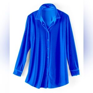 Vibrant Blue Velvet Button-Up
